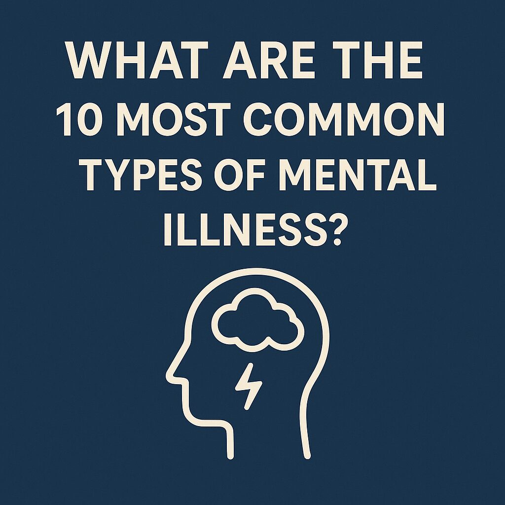 High-quality 300x250 mental health graphic with a navy blue background and white text that reads “What Are the 10 Most Common Types of Mental Illness?”, featuring a minimalist head silhouette with a brain and lightning bolt symbolizing mental health awareness and emotional well-being.