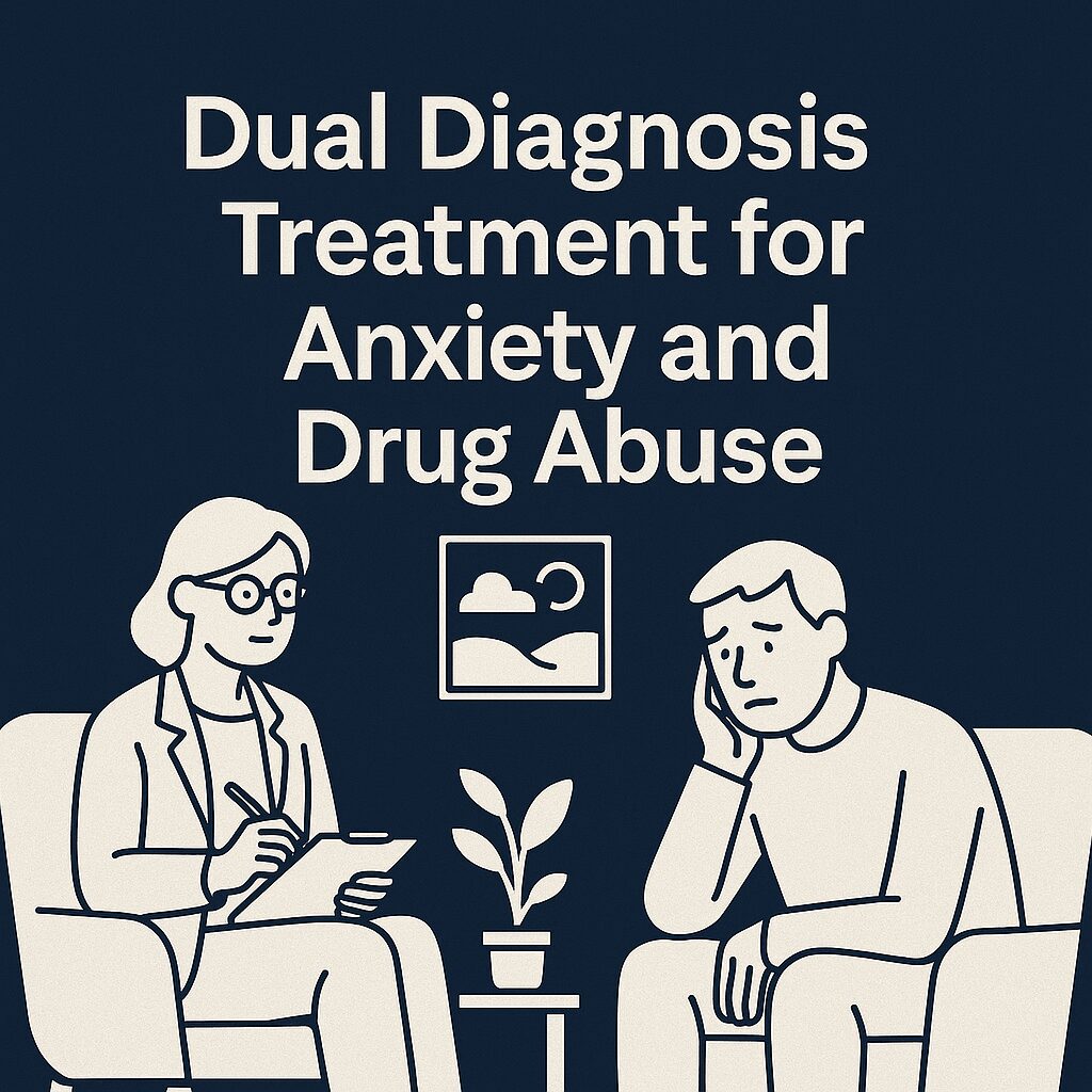Therapist helping a patient during a counseling session focused on dual diagnosis treatment for anxiety and drug abuse, with a mental health theme and navy blue background.

