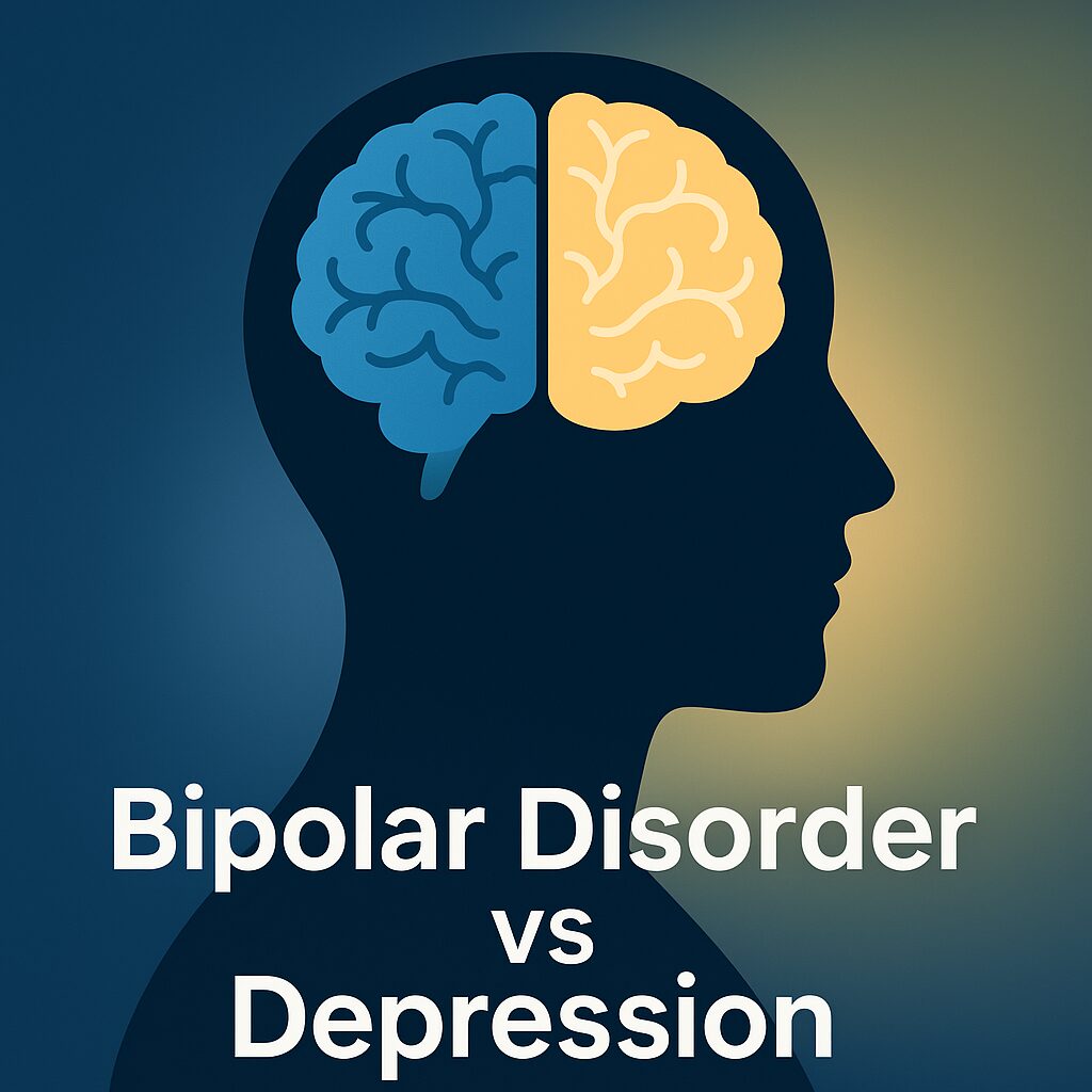 illustration of a human silhouette with a divided brain, one half glowing blue for depression and the other gold for bipolar disorder, with the text “Bipolar Disorder vs Depression” on a navy blue background