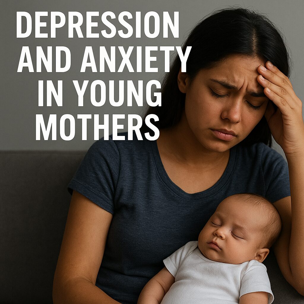 A young mother sitting on a couch holding her sleeping baby, looking stressed and anxious, representing postpartum depression and anxiety in young mothers. Soft lighting and muted blue-gray tones convey emotional struggle and mental health awareness
