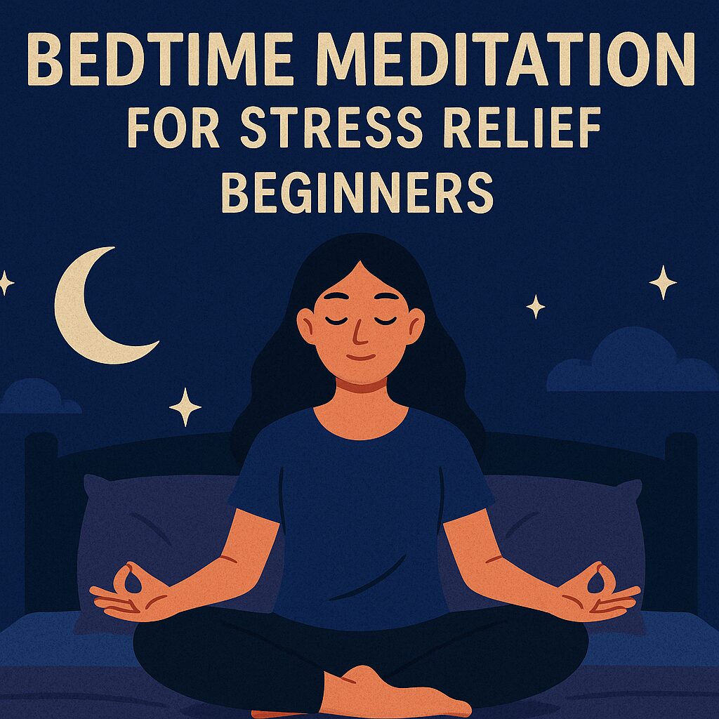 A peaceful digital illustration showing a woman meditating in bed under a night sky with a crescent moon and stars. The image promotes bedtime meditation for stress relief beginners, using calm blue tones and soft lighting to create a relaxing atmosphere.