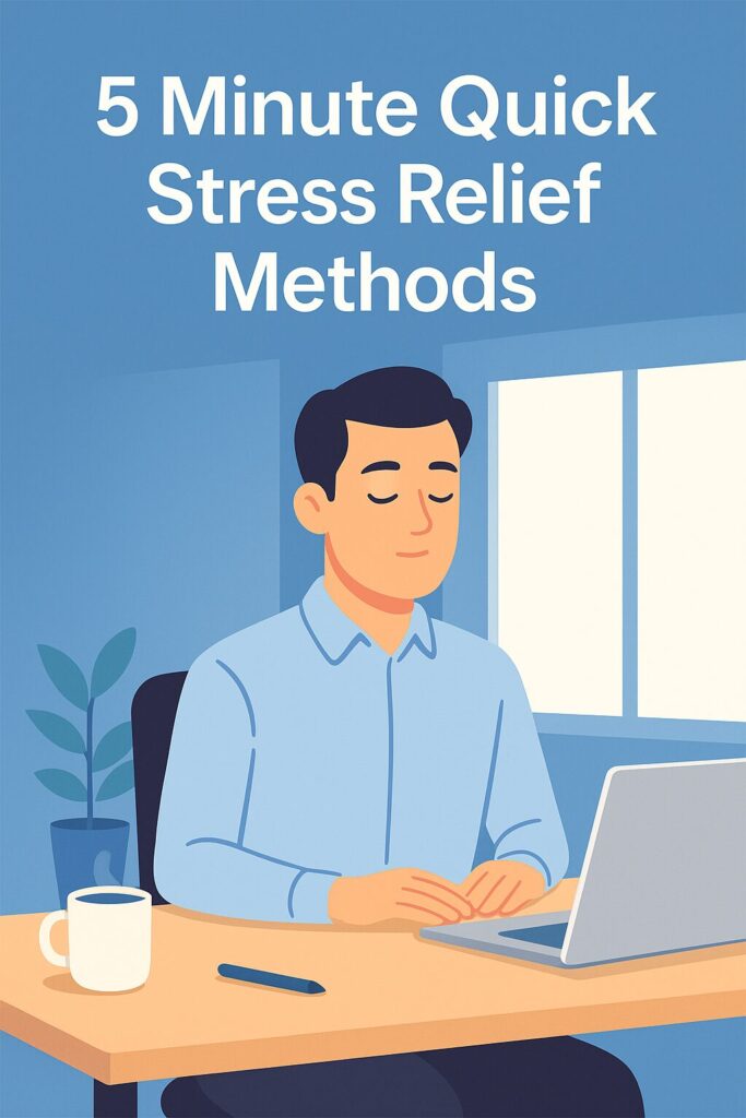Illustration of a professional man sitting at an office desk with eyes closed practicing a calming breathing exercise, with the text “5 Minute Quick Stress Relief Methods” displayed above him in a soft blue wellness themed design.