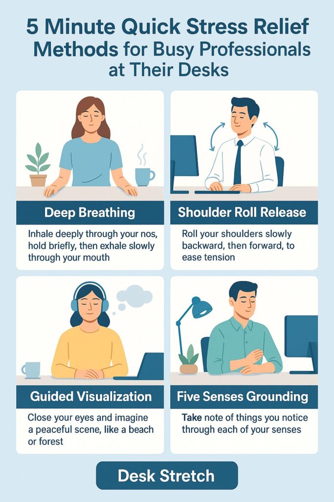 Infographic showing 5 minute quick stress relief methods for busy professionals at their desks, including deep breathing, shoulder roll release, guided visualization, five senses grounding and a simple desk stretch, illustrated with calming office themed graphics and soft wellness colors.