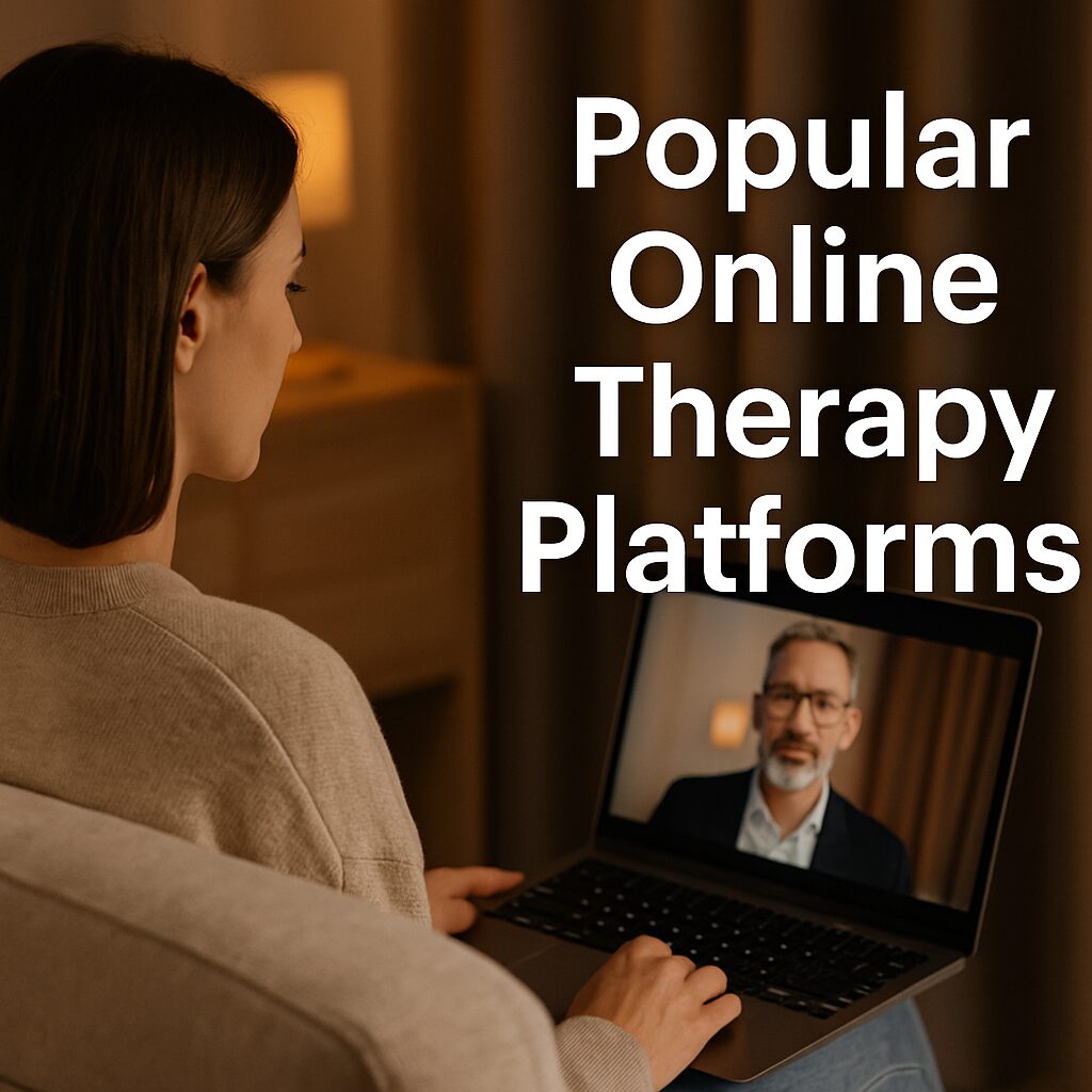 A woman sitting in a calm dimly lit room using a laptop for an online therapy session, with bold white text on the banner that reads Popular Online Therapy Platforms.