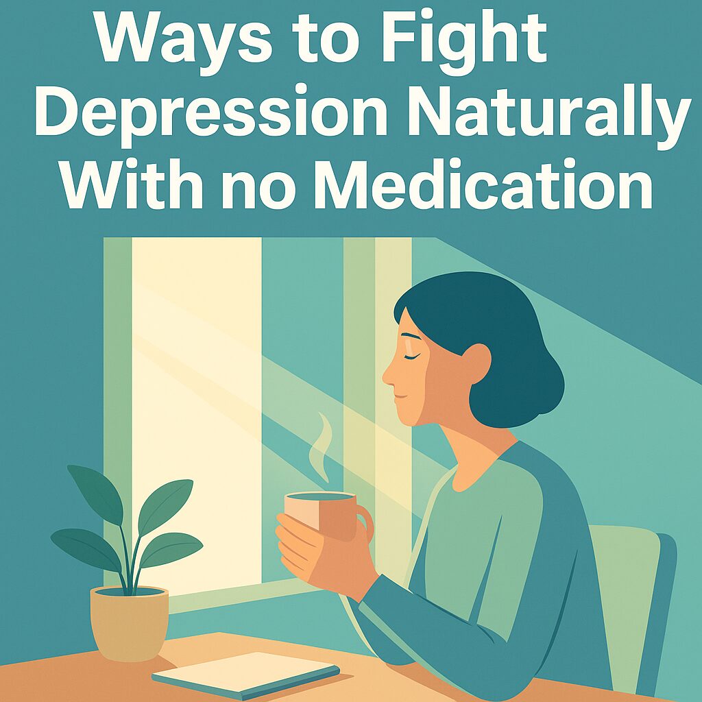 Calm minimalist illustration of a person sitting by a sunny window holding a warm cup, soft morning light filling the room, small plant on the table, blue and green wellness palette, with bold white text that says Ways to Fight Depression Naturally With No Medication.