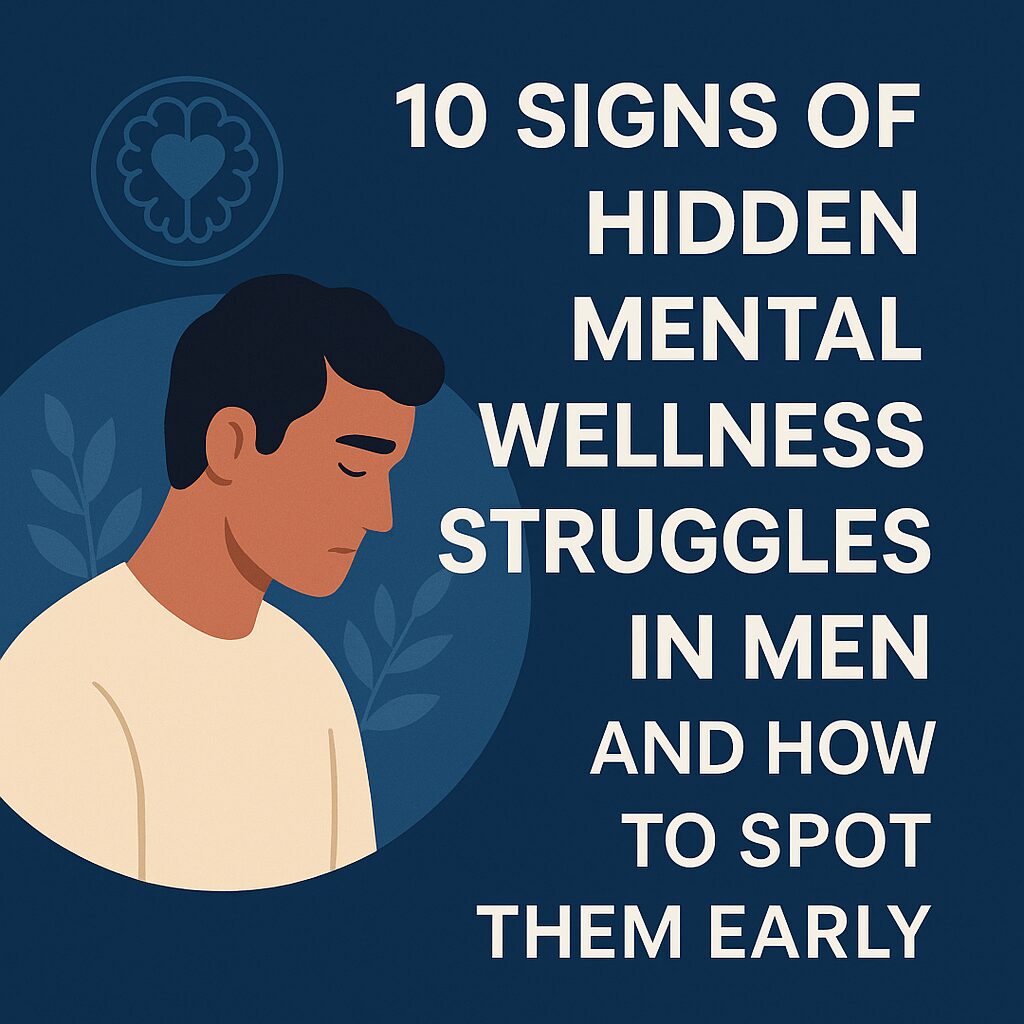 A navy blue mental wellness banner showing an illustration of a thoughtful man with lowered eyes beside soft wellness leaf graphics and bold white text that reads 10 Signs of Hidden Mental Wellness Struggles in Men and How to Spot Them Early.