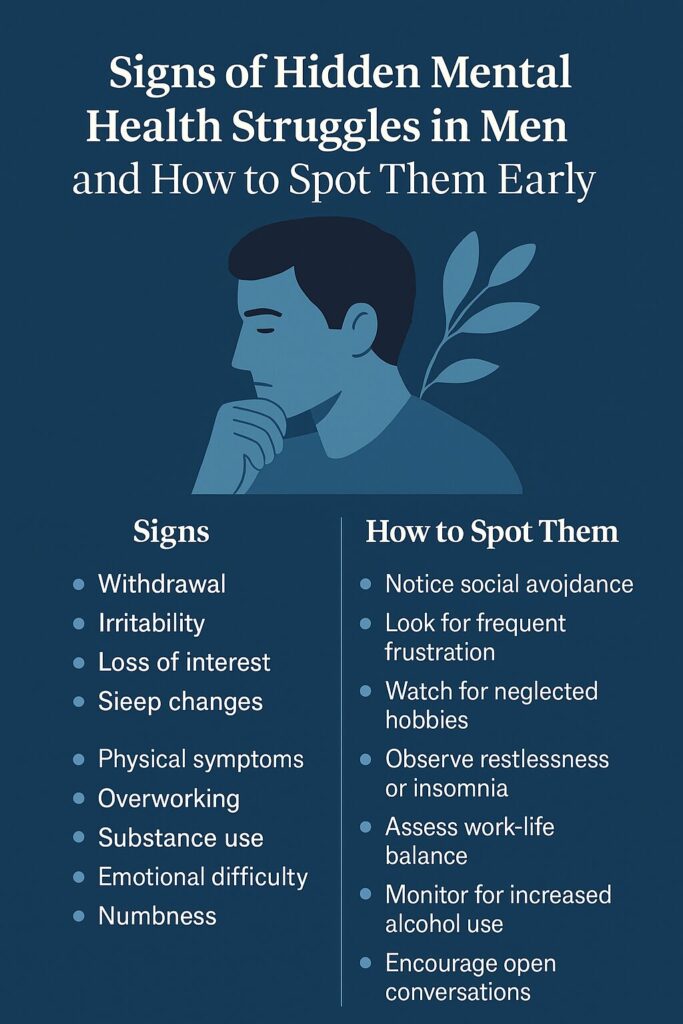 Infographic showing the signs of hidden mental health struggles in men and how to spot them early, including withdrawal, irritability, loss of interest, sleep changes, physical symptoms, overworking, substance use, emotional difficulty, and numbness, presented on a navy blue mental wellness design with a thoughtful male illustration.
