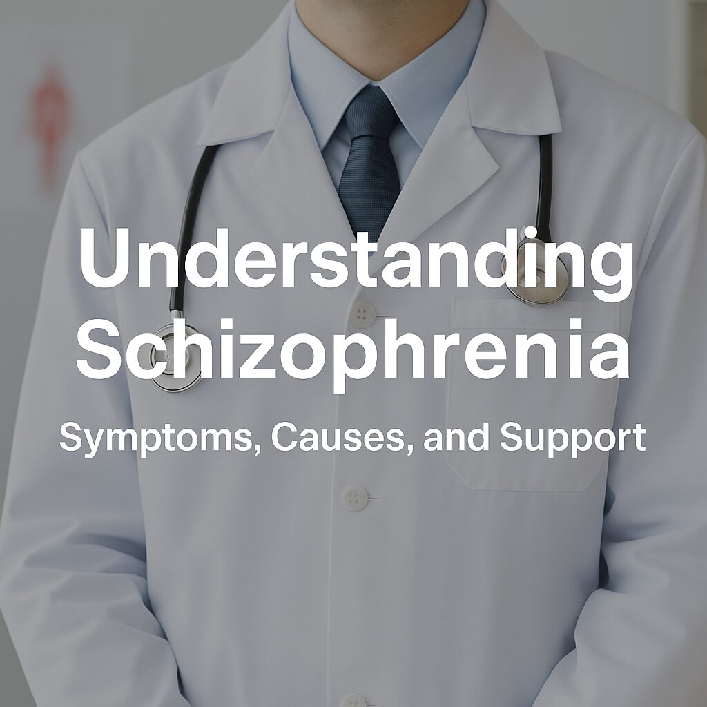 A high quality realistic medical themed banner showing a doctor in a white lab coat with a stethoscope, featuring bold white Arial text that reads Understanding Schizophrenia Symptoms Causes and Support, symbolizing mental health education and clinical support.