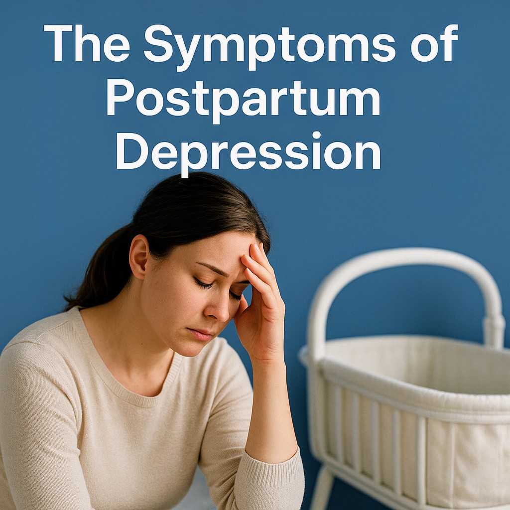 A tired new mother holding her head in her hand while sitting beside a baby bassinet, shown against a dark blue background, representing the emotional and physical symptoms of postpartum depression.