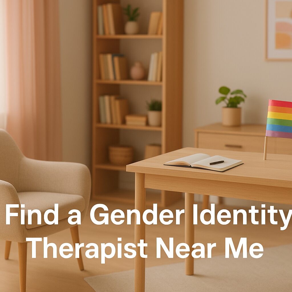 Warm counseling room with pride flag and text saying Find a Gender Identity Therapist Near Me.