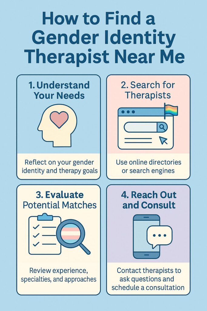Infographic titled How to Find a Gender Identity Therapist Near Me with four steps that include understanding your needs, searching for therapists, evaluating potential matches, and reaching out for a consultation, displayed with soft pastel icons and an LGBTQ affirming design.