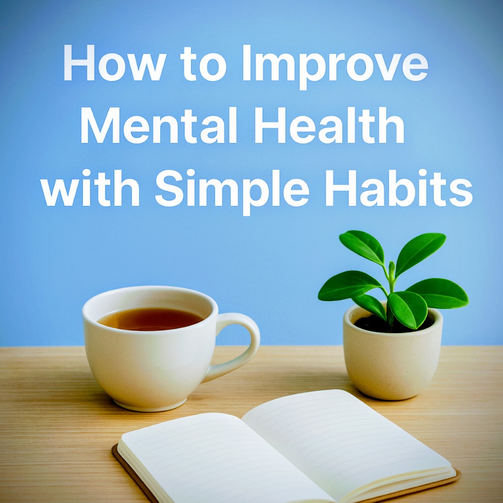 Calm wellness scene with a cup of tea, an open journal, and a small green plant on a wooden table in front of a soft blue background with white text that says How to Improve Mental Health with Simple Habits.