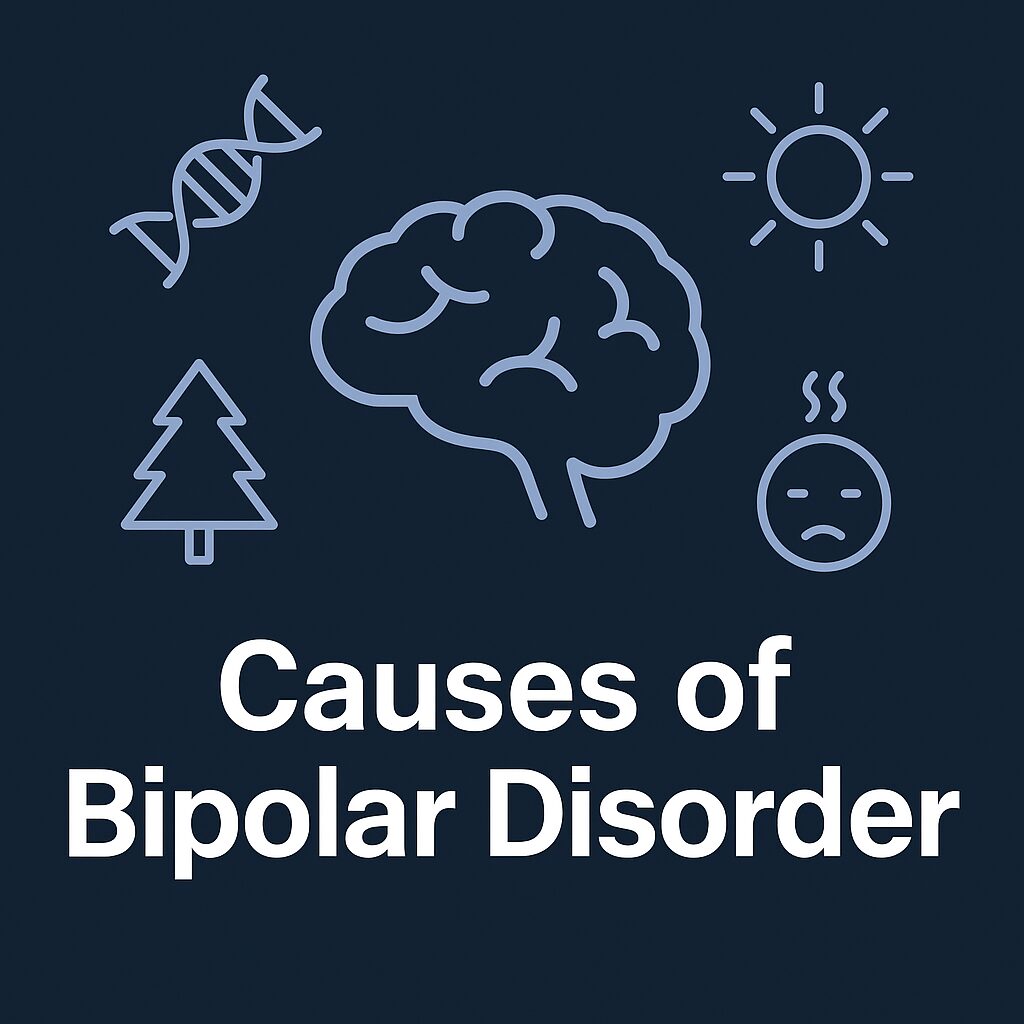 "300x250 banner with a navy blue background showing a simple brain icon surrounded by DNA strands, sun and tree symbols, and stress icons with bold white text that reads Causes of Bipolar Disorder."
