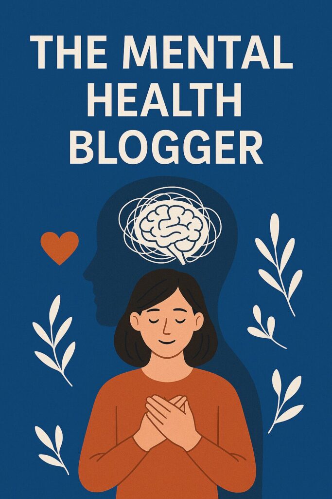 A calming vertical banner with a blue background showing a peaceful woman holding her hands to her heart, a brain silhouette behind her, and white leaves around the design, created for The Mental Health Blogger.