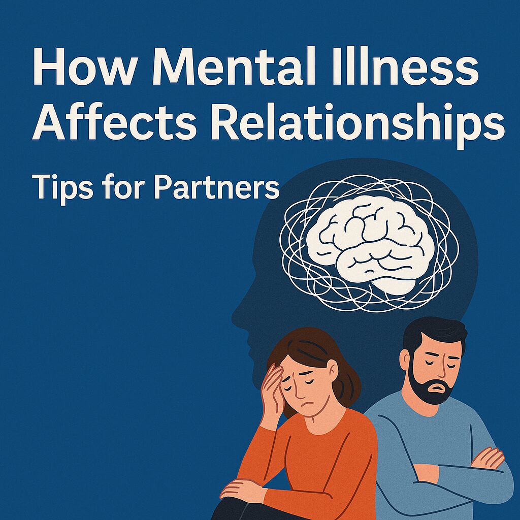 A distressed couple sitting back to back against a blue background with a brain silhouette above them, symbolizing how mental illness affects relationships, with white text that says Tips for Partners.