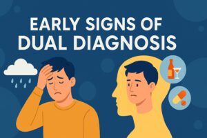 "Early Signs of Dual Diagnosis banner showing symptoms of mental health issues and substance use, with a distressed man, addiction icons, and bold title text on a blue background."