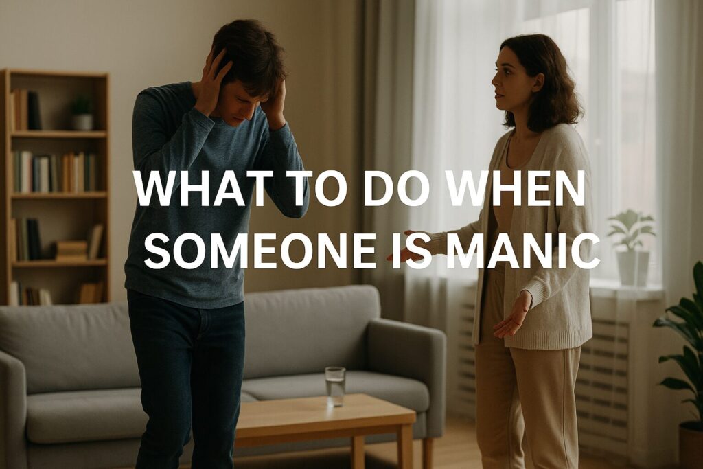 Supportive loved one helping someone during a manic episode in a calm living room with text What to Do When Someone Is Manic.