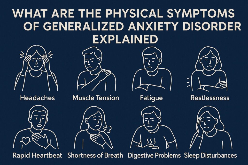 illustrated infographic on the physical symptoms of generalized anxiety disorder with icons showing headaches muscle tension fatigue restlessness rapid heartbeat shortness of breath digestive problems and sleep disturbances on a navy blue background