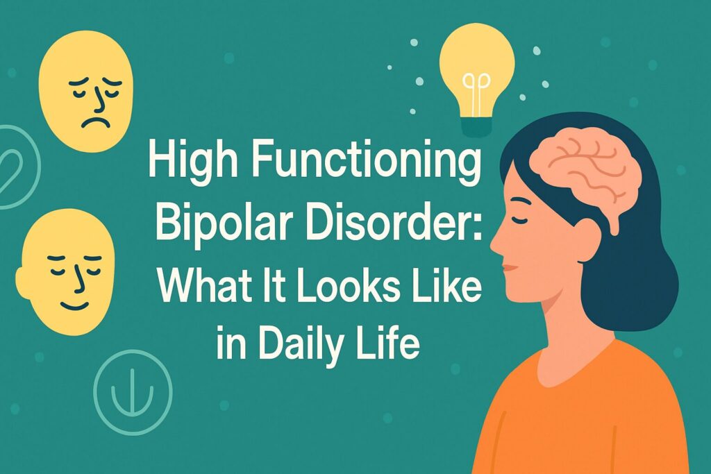 High functioning bipolar disorder illustration showing a person with a highlighted brain and emotional icons, representing what bipolar symptoms look like in daily life.