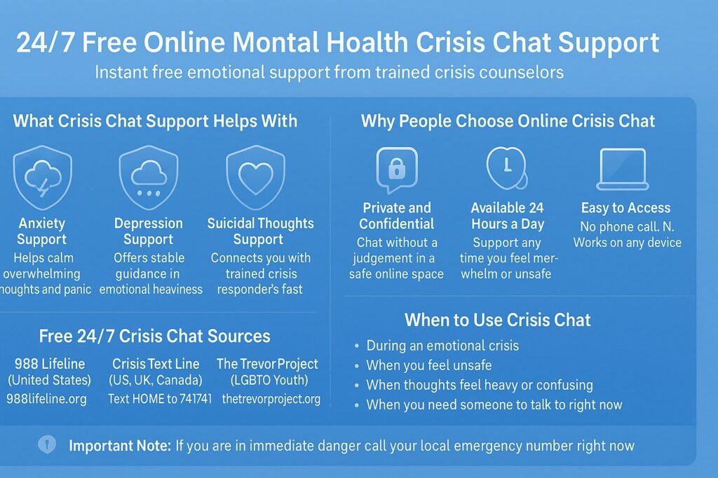 Wide horizontal infographic explaining 24 7 free online mental health crisis chat support with icons, benefits of crisis chat, reasons people use online support, a list of free crisis chat sources, and guidance on when to seek help.