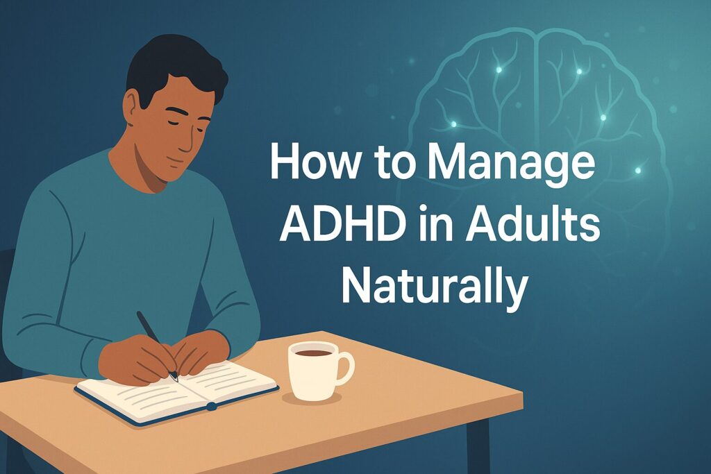 Adult sitting at a clean desk with a notebook and cup of tea, calm mental health workspace, translucent brain illustration showing focus and executive function, how to manage ADHD in adults naturally featured image