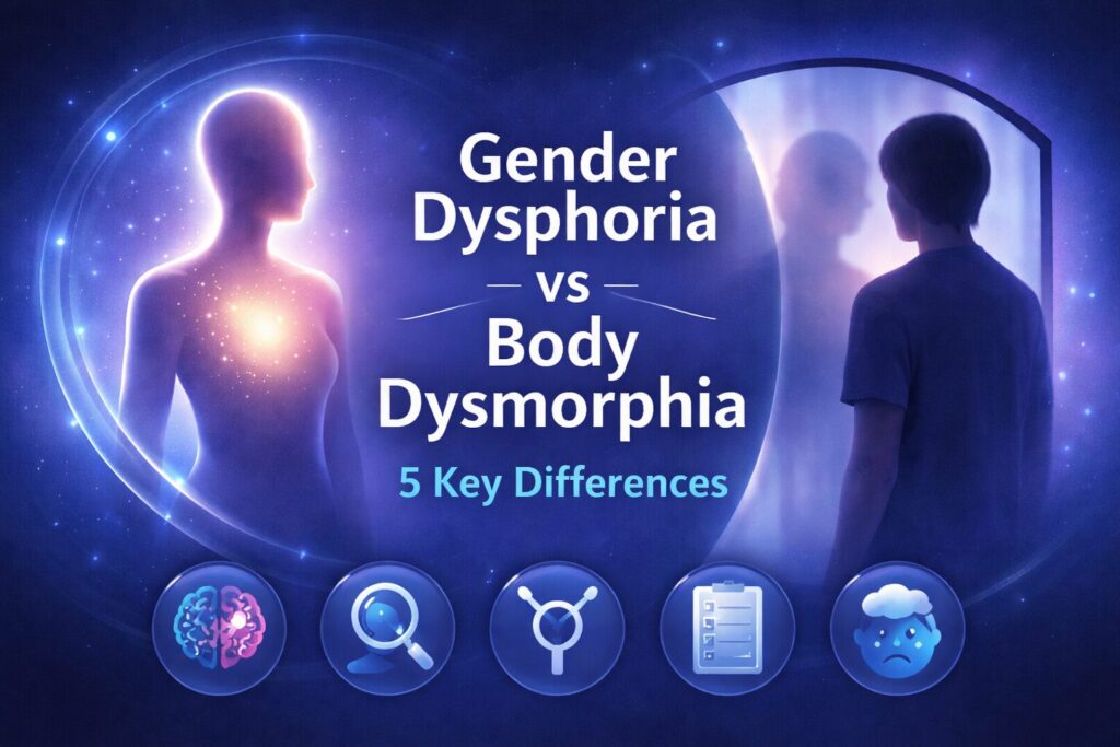 Dark blue wide horizontal illustration comparing gender dysphoria vs body dysmorphia with abstract human silhouettes and text highlighting five key mental health differences