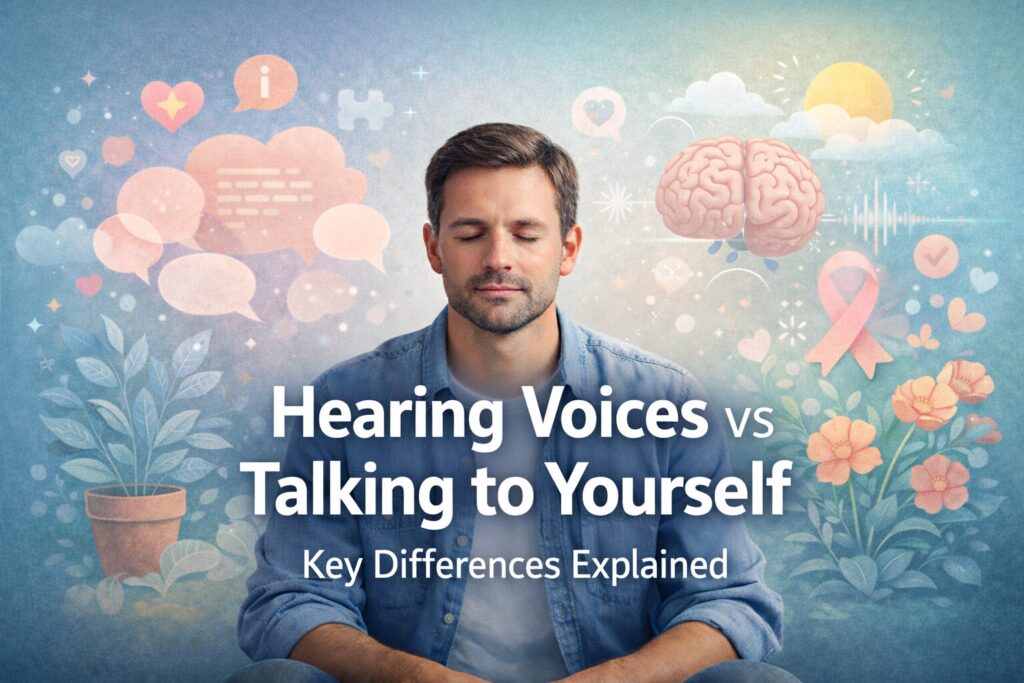 Calm mental health illustration showing an adult with inner speech symbols and sound waves representing hearing voices versus talking to yourself, explained in a supportive educational context