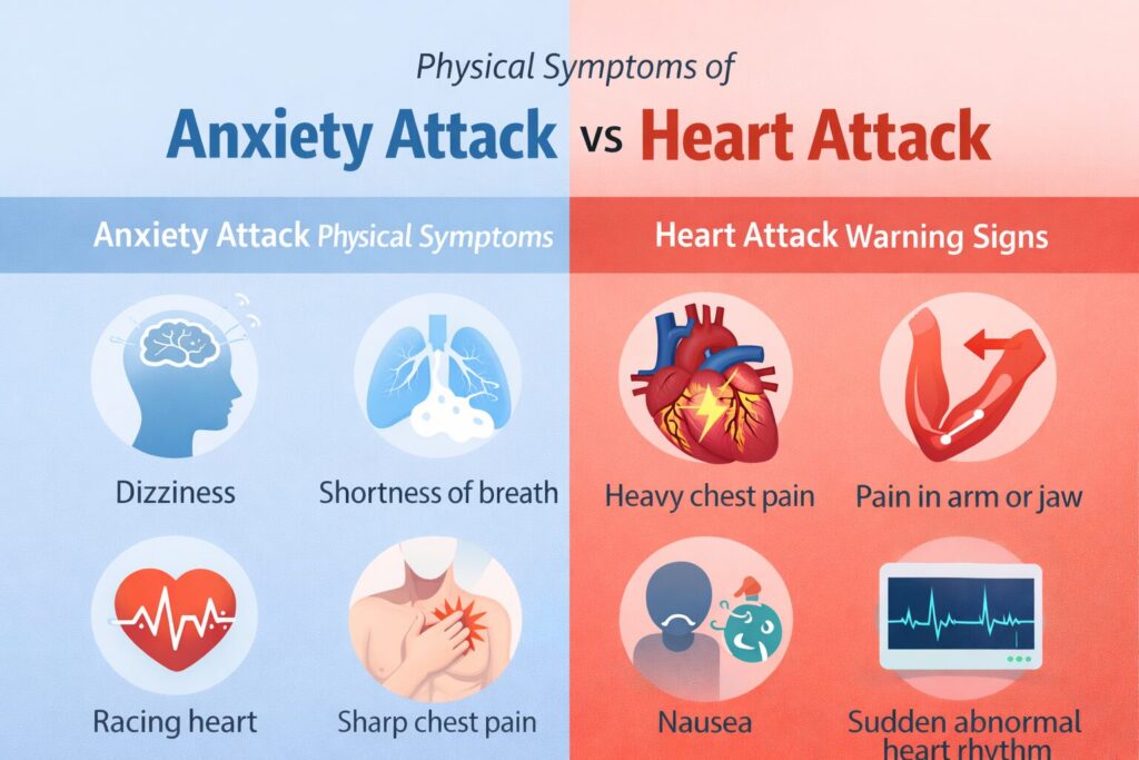 Visual comparison of physical symptoms of anxiety attack vs heart attack showing dizziness, shortness of breath, chest pain, racing heart, and heart attack warning signs.
