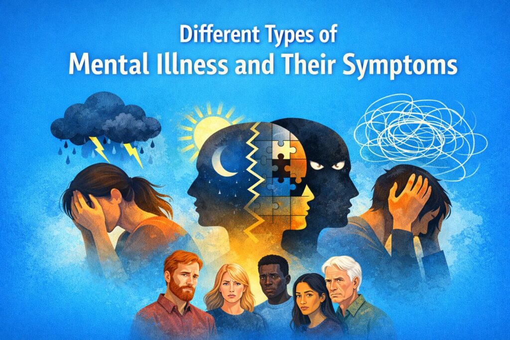 Illustration showing different types of mental illness and their symptoms, including anxiety, depression, bipolar disorder, and emotional distress on a bright blue background