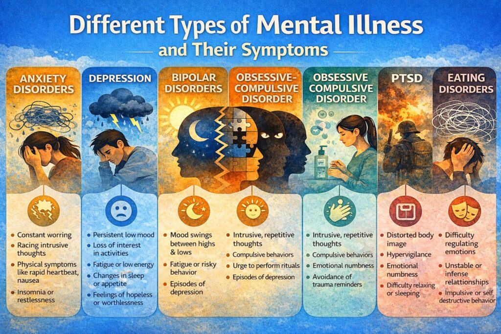 Wide horizontal infographic showing different types of mental illness and their symptoms, including anxiety disorders, depression, bipolar disorder, OCD, PTSD, and eating disorders with clear icons and large readable text