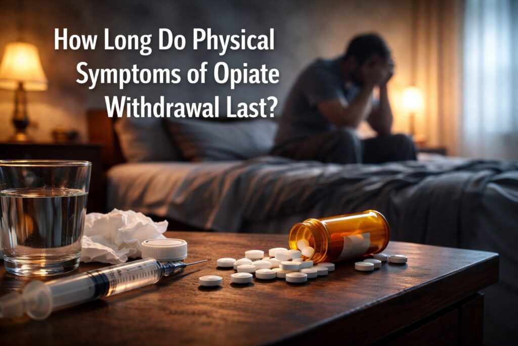 Person experiencing physical opiate withdrawal symptoms while sitting on a bed, with prescription medication bottle, pills, and recovery themed setting illustrating the opiate withdrawal timeline
