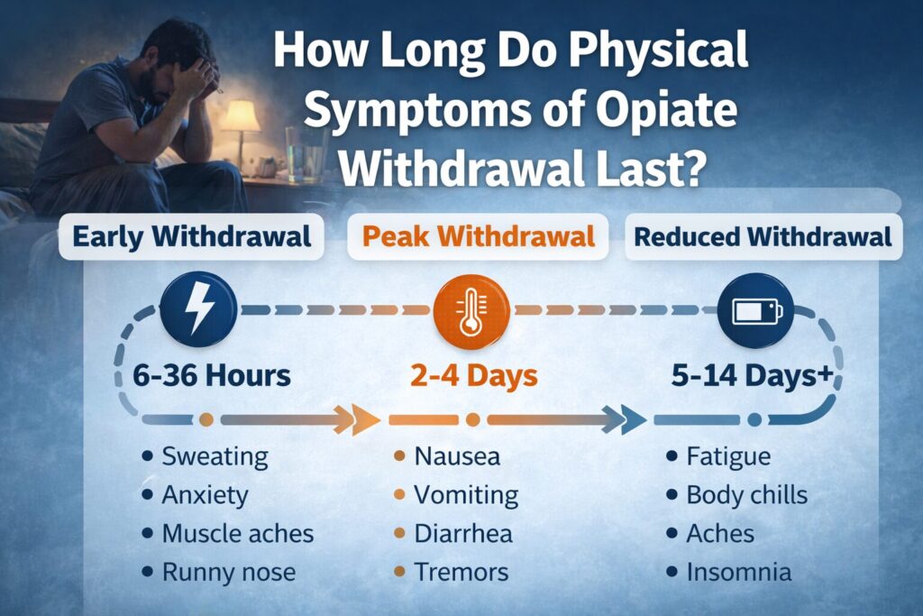 Wide horizontal infographic showing the timeline of physical opiate withdrawal symptoms, including early withdrawal, peak withdrawal, and reduced symptoms stages with duration ranges and common physical effects