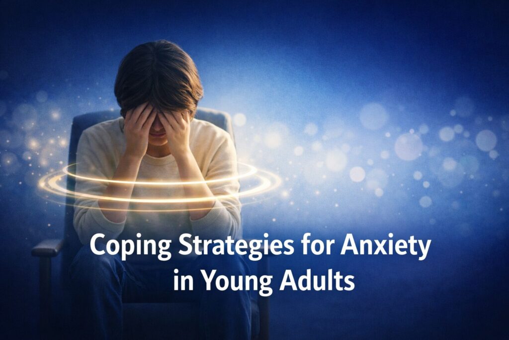 Young adult practicing calm breathing to manage anxiety, seated in a chair against a navy blue background with soft glowing light rings symbolizing emotional balance and stress relief