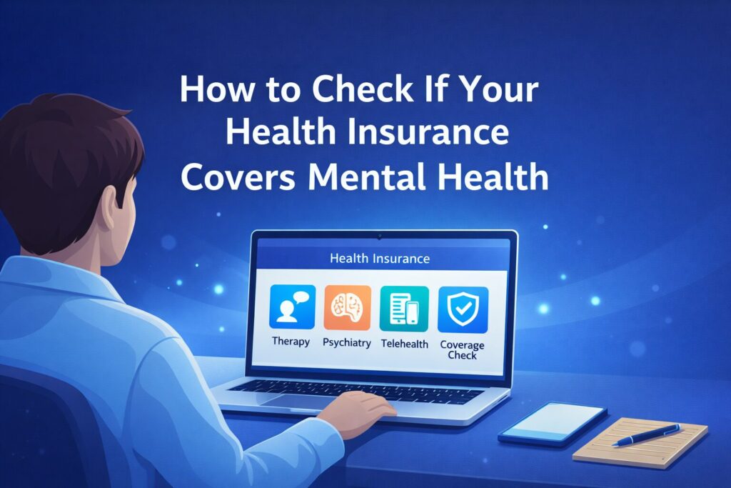 Mental health insurance coverage guide showing therapy, psychiatry, and telehealth benefits on a laptop screen