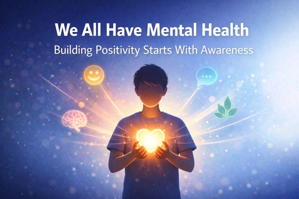 Illustration of a person holding a glowing heart symbolizing mental health awareness and positivity on a calm blue background