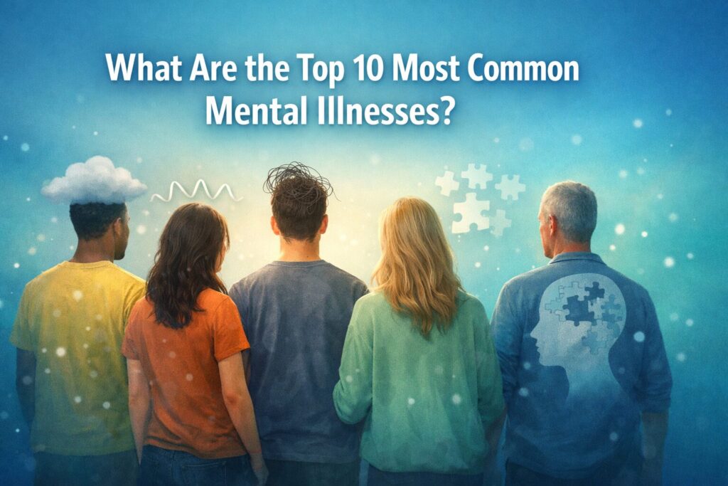 Diverse group of people standing together representing mental health awareness with text asking what are the top 10 most common mental illnesses