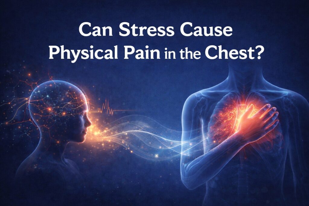 Stress related chest pain illustration showing mind body connection and physical discomfort in the chest