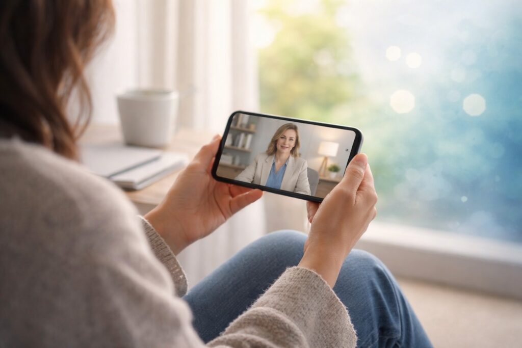 Person attending online therapy session on smartphone in a calm home setting
