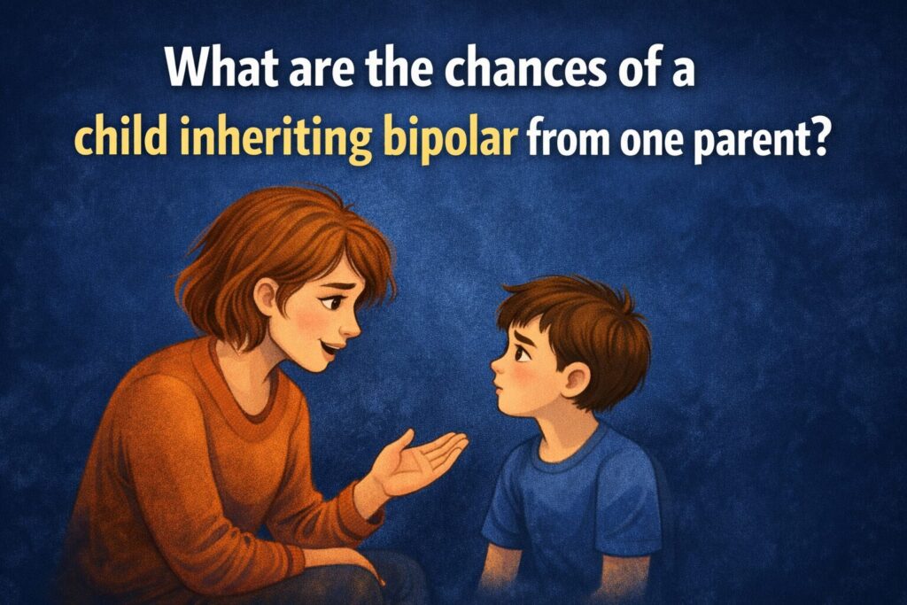 Parent having a calm conversation with a child about the chances of inheriting bipolar disorder from one parent