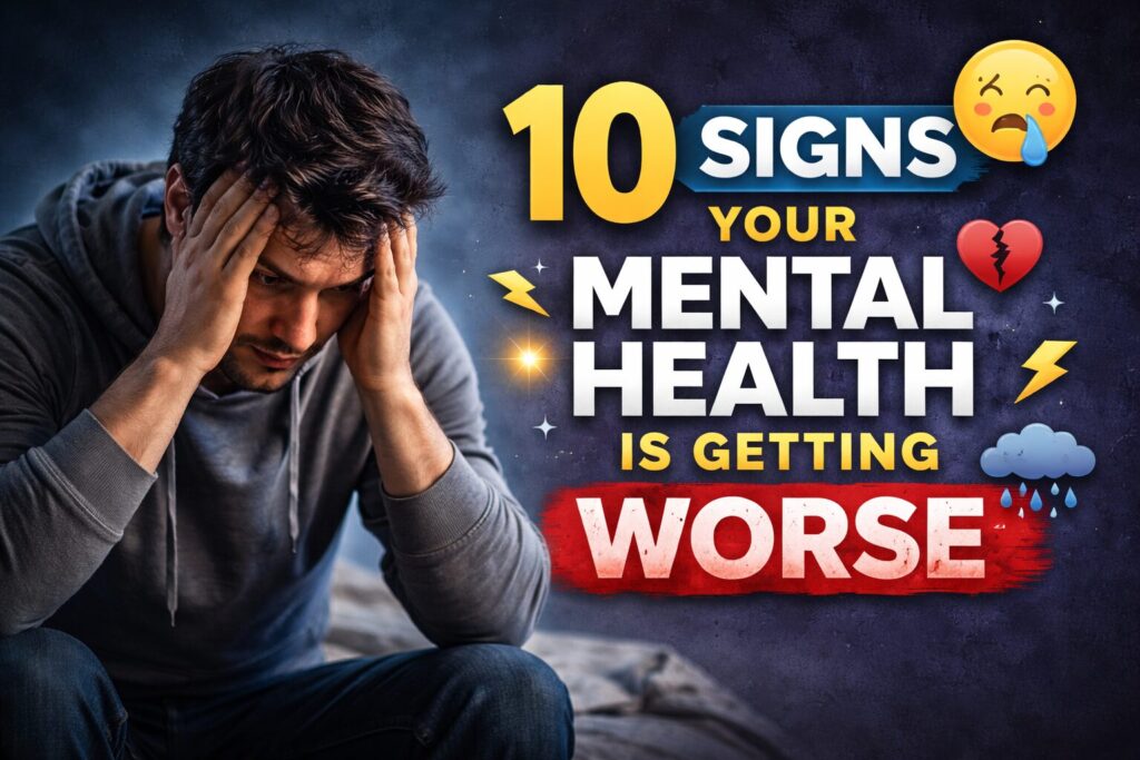 Man holding his head in his hands against a navy blue background representing signs your mental health is getting worse