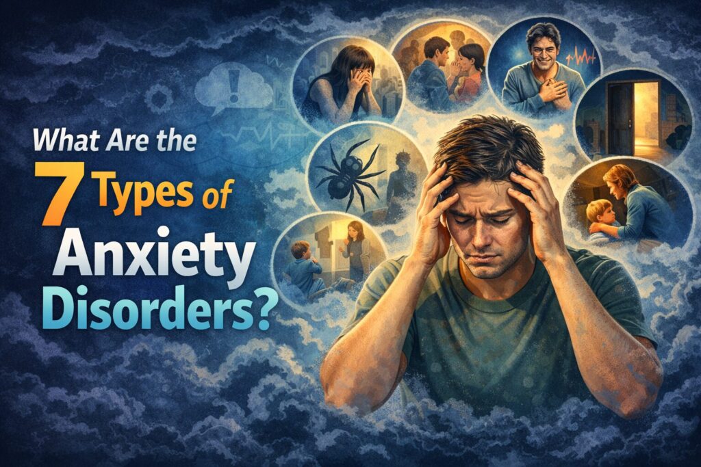 Man holding his head while experiencing anxiety, representing the seven types of anxiety disorders and their mental health symptoms