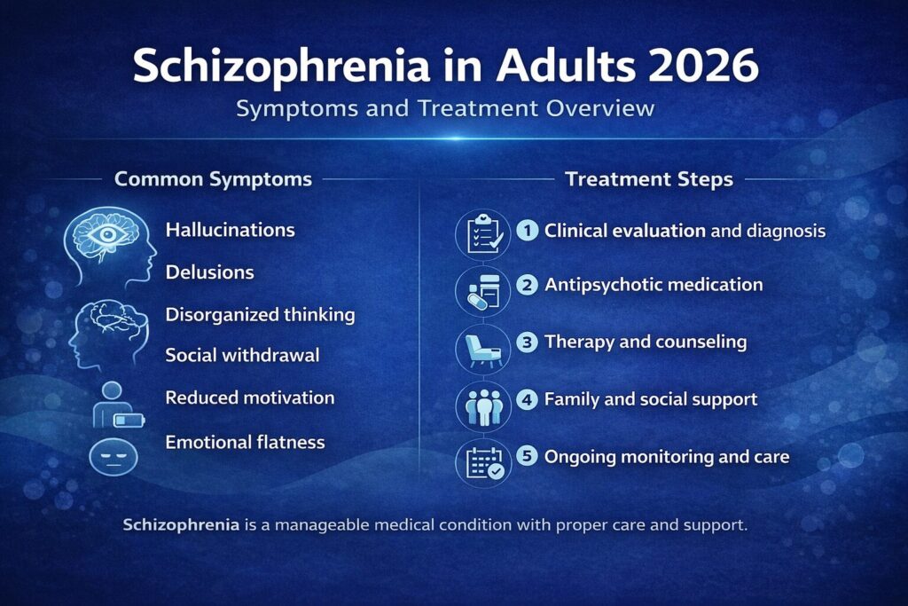 Minimal dark blue infographic showing schizophrenia symptoms and treatment steps for adults in 2026