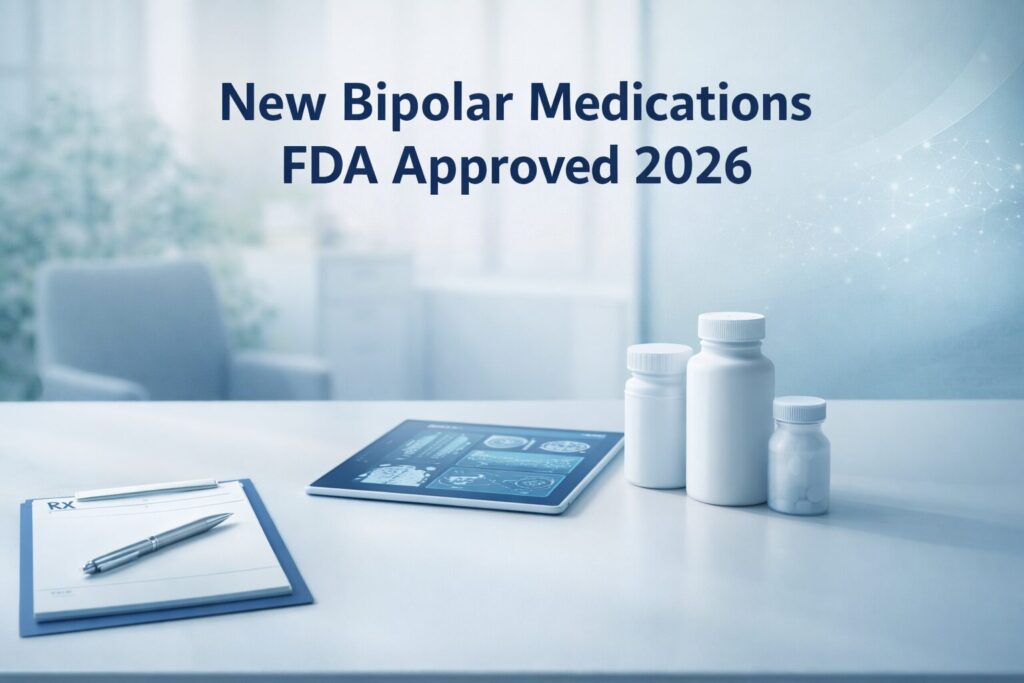 New FDA approved bipolar disorder medications in 2026 displayed in a modern medical office with prescription pad, tablet showing medical chart, and medication containers representing updated bipolar treatment options