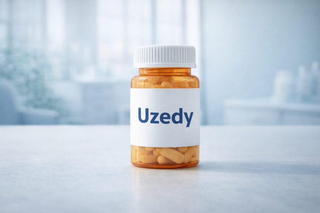 Uzedy prescription bottle representing a long-acting bipolar I disorder maintenance medication displayed in a modern medical office setting
