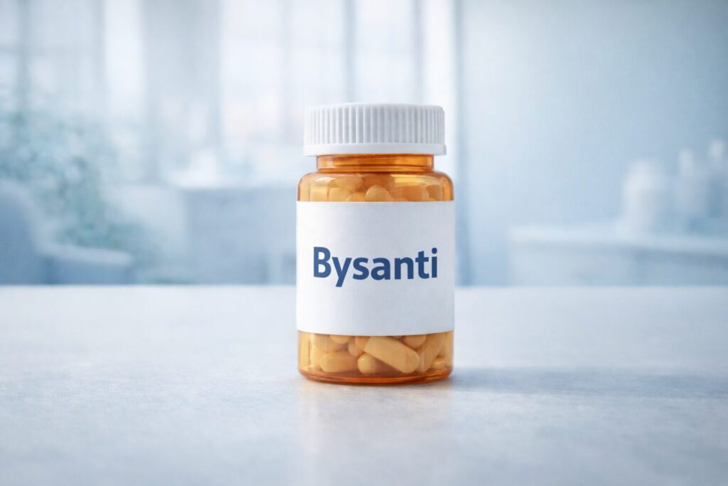 Bysanti prescription bottle representing a potential FDA approved bipolar disorder medication for 2026 displayed in a modern medical office setting