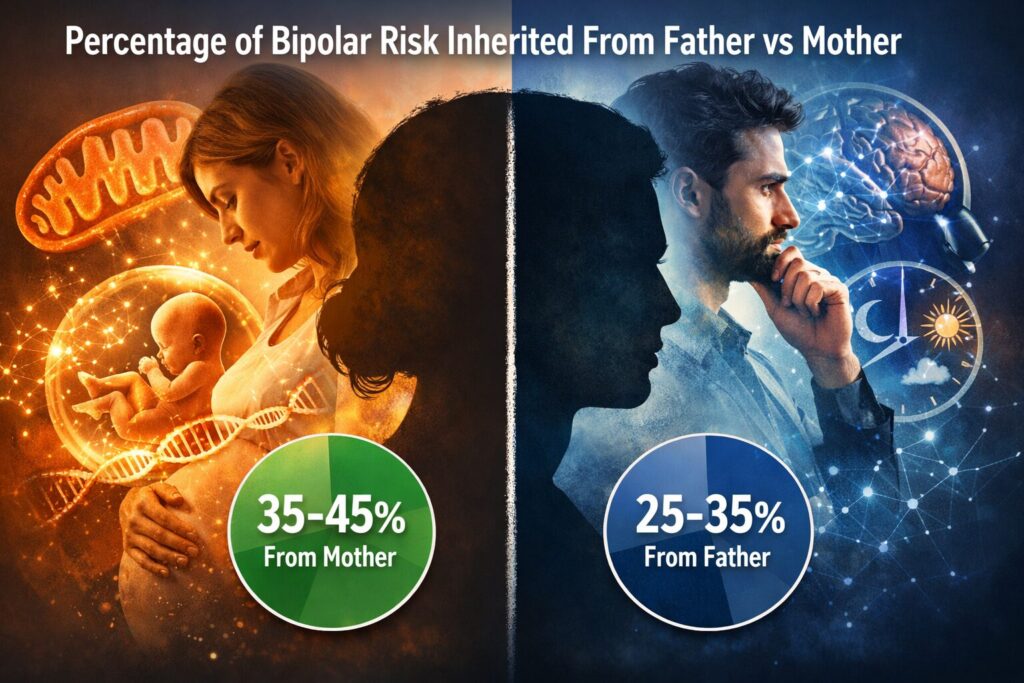 Percentage of bipolar disorder risk inherited from mother versus father shown through genetic and brain development illustration
