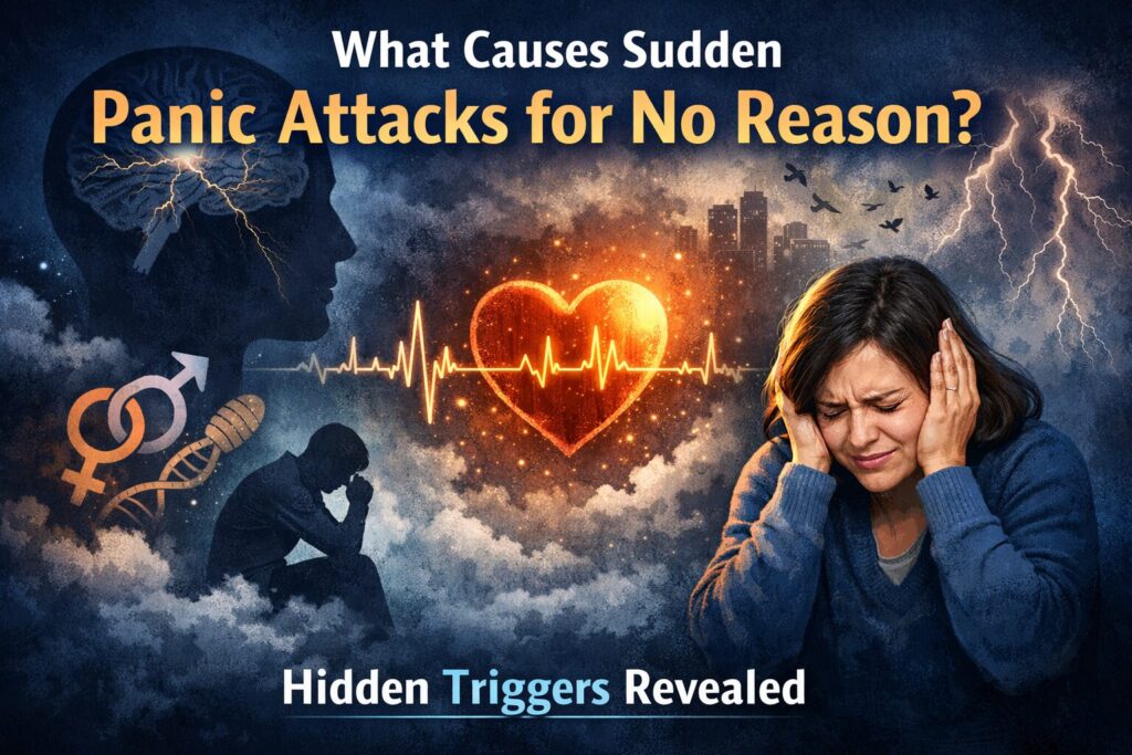 Illustration showing the causes of sudden panic attacks with a glowing heart and heartbeat line, brain activity, storm imagery, and text reading “What Causes Sudden Panic Attacks for No Reason? Hidden Triggers Revealed.”