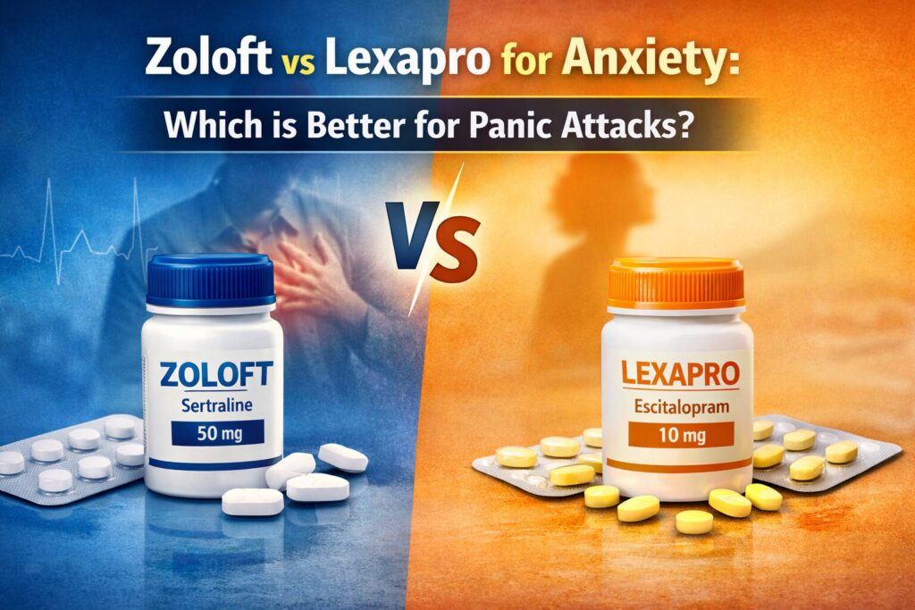 Zoloft vs Lexapro comparison image showing sertraline and escitalopram medications for anxiety and panic attacks