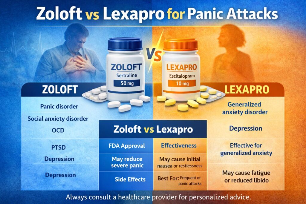Wide horizontal infographic comparing Zoloft vs Lexapro for anxiety and panic attacks, showing effectiveness, FDA approval, side effects, and best use cases for panic disorder and generalized anxiety