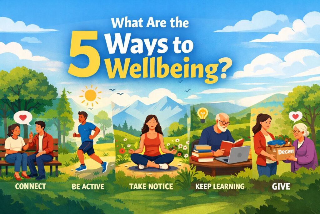 Illustration showing the 5 Ways to Wellbeing including connect, be active, take notice, keep learning, and give to support positive mental health and wellbeing